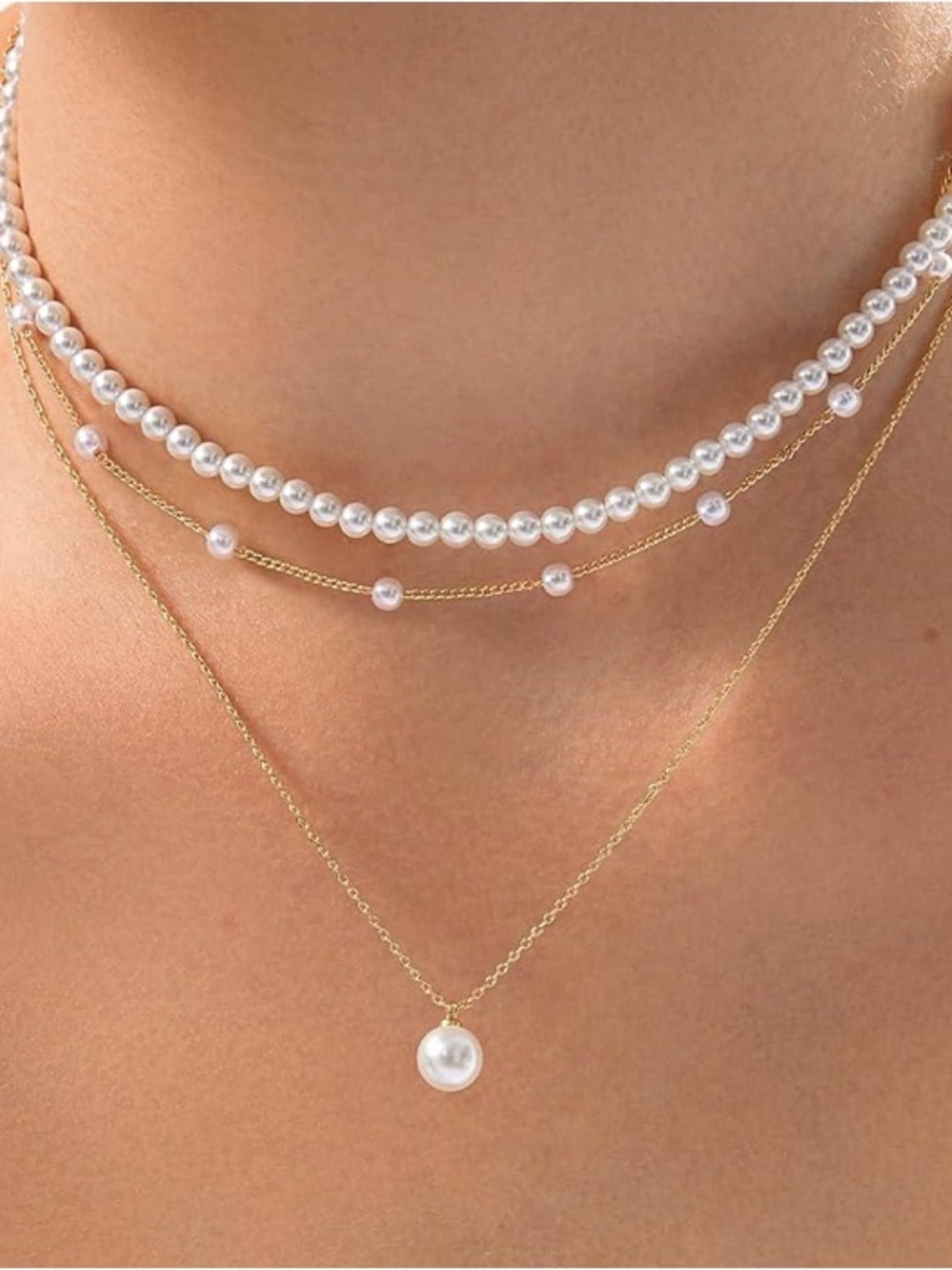 Layered Pearl and Gold Necklace Set - White Pearls 14 Gold Plated